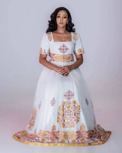 Glorious Golden Habesha Dress: with Colorful Multicolored Embellishments Traditional Ethiopian Dress Beautiful Eritrean Clothing