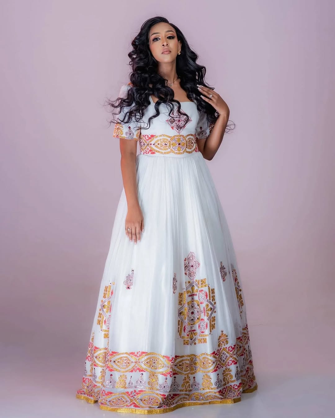 Glorious Golden Habesha Dress: with Colorful Multicolored Embellishments Traditional Ethiopian Dress Beautiful Eritrean Clothing