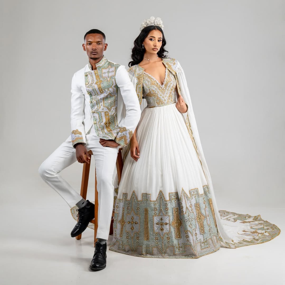 Green and White Ethiopian Wedding Couple Set – Bride’s Dress and Groom’s Traditional Shirt main image 1