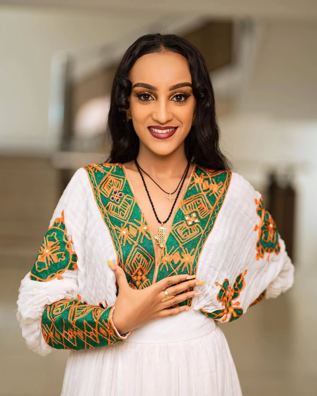Appealing Green & Orange Traditional Ethiopian Dress Closeup