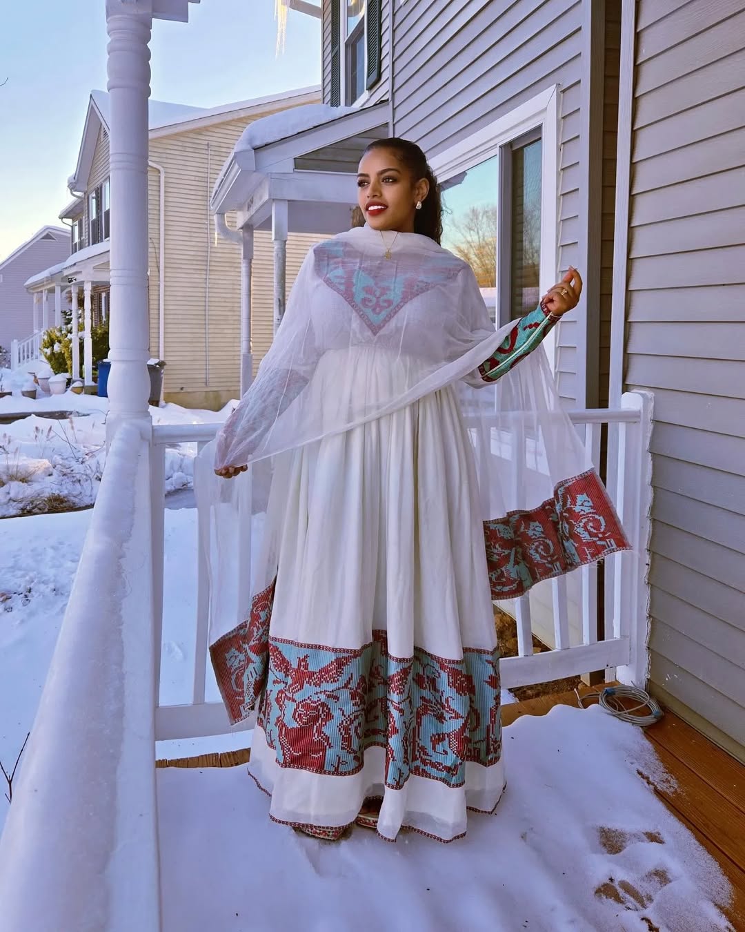 Luxurious Red Traditional Ethiopian Dress: with Light Blue Adornments Habesha Dress Stylish Habesha Kemis