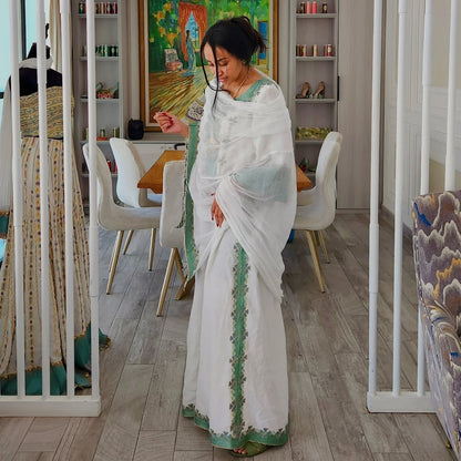 Charming Green Traditional Ethiopian Dress: with Shimmering Detailing Habesha Kemis Modern Features on Eritrean Dress