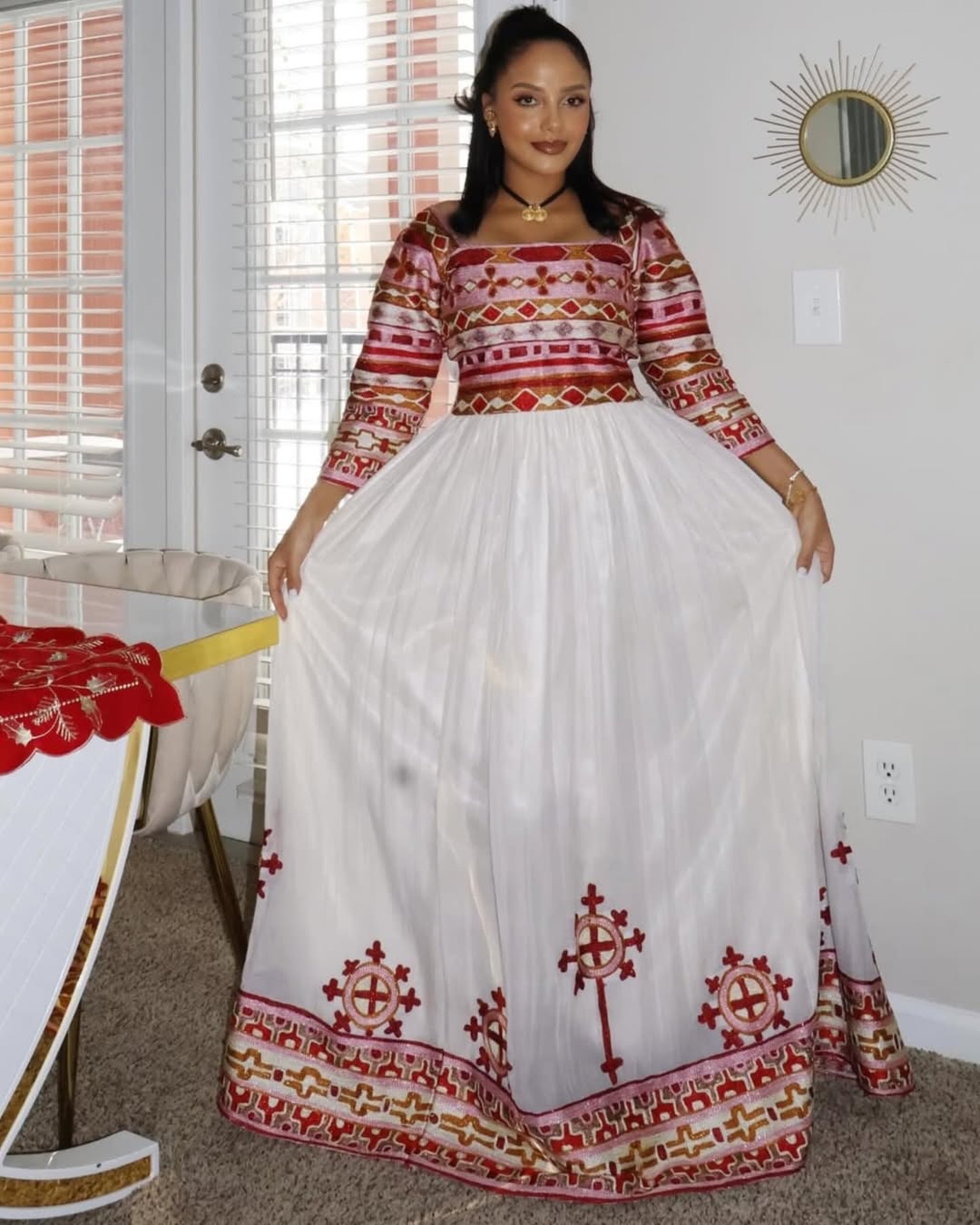 Dashing Red Traditional Ethiopian Top and Skirt Set: A Chic Look on Habesha Dress for Birthdays and Graduations Modern Habesha Kemis