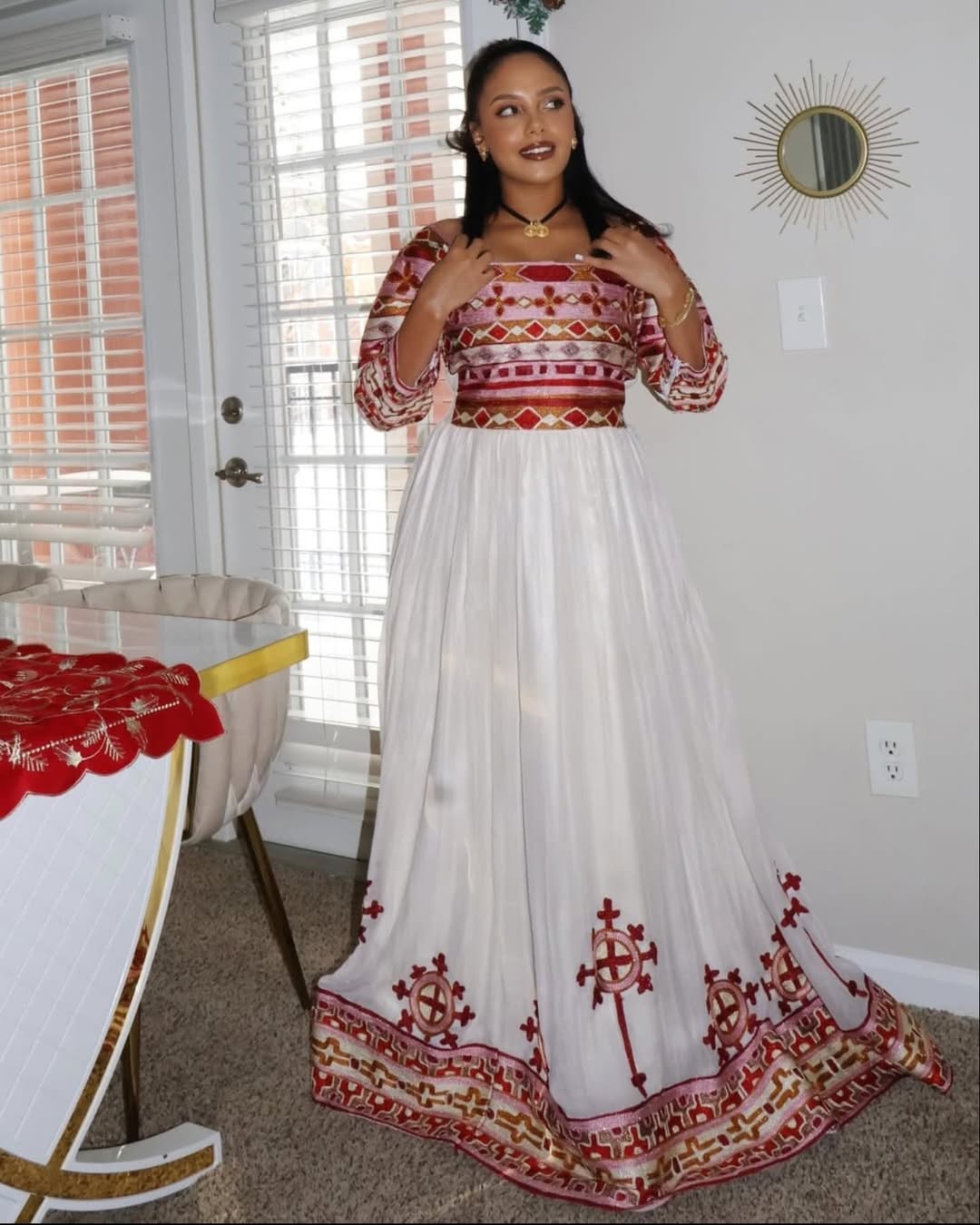 Dashing Red Traditional Ethiopian Top and Skirt Set: A Chic Look on Habesha Dress for Birthdays and Graduations Modern Habesha Kemis
