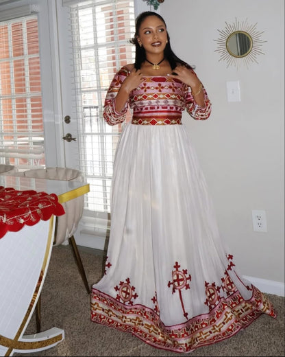 Dashing Red Traditional Ethiopian Top and Skirt Set: A Chic Look on Habesha Dress for Birthdays and Graduations Modern Habesha Kemis