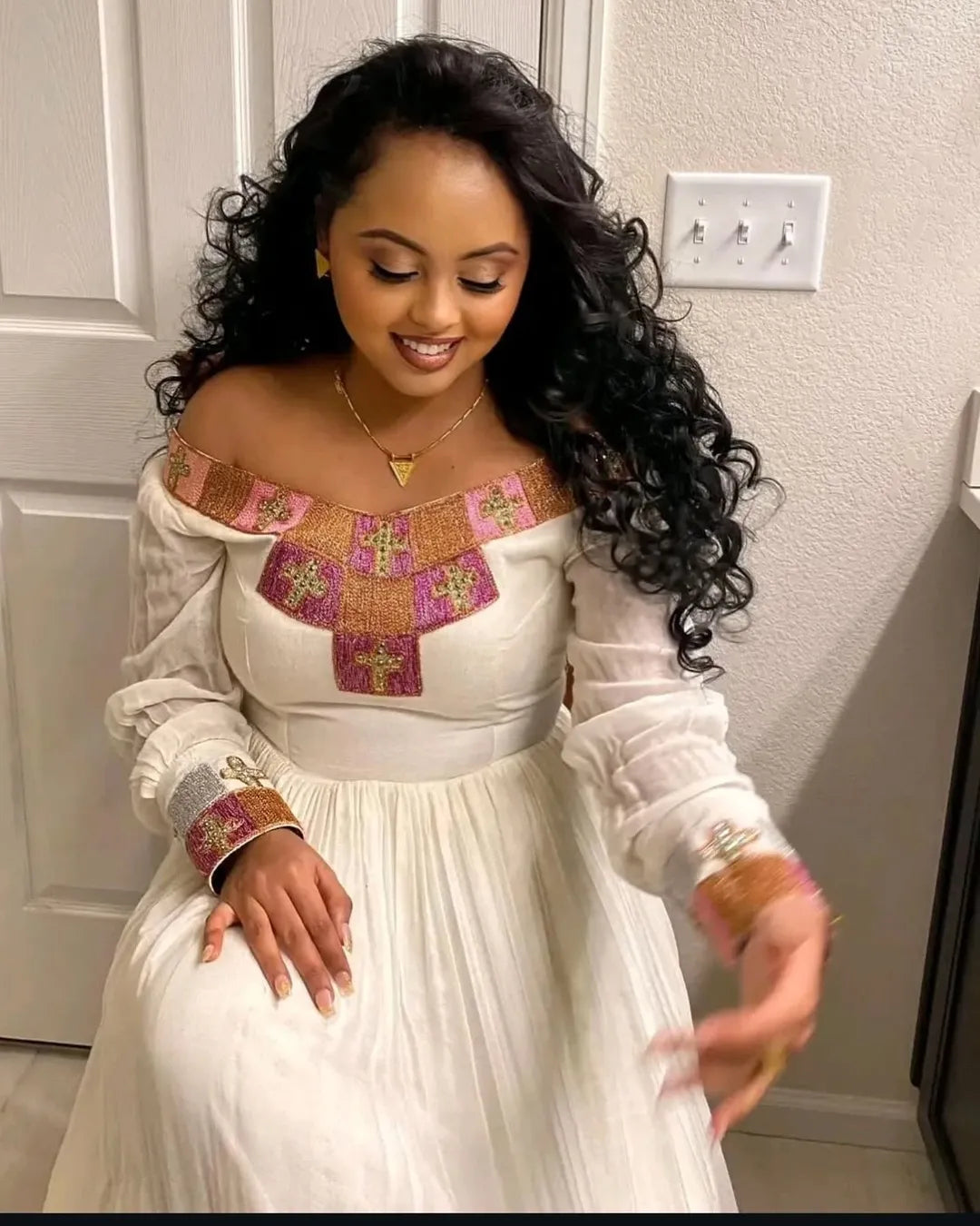 Flawless Craftmanship on Traditional Dress: Colorful Beaded Cross Designs on Ethiopian Dress for Huge Occasions Habesha Dress