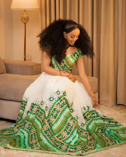 Timeless Green Habesha Wedding Dress: Tilet Accents, Heritage Stitching & Elegant Design