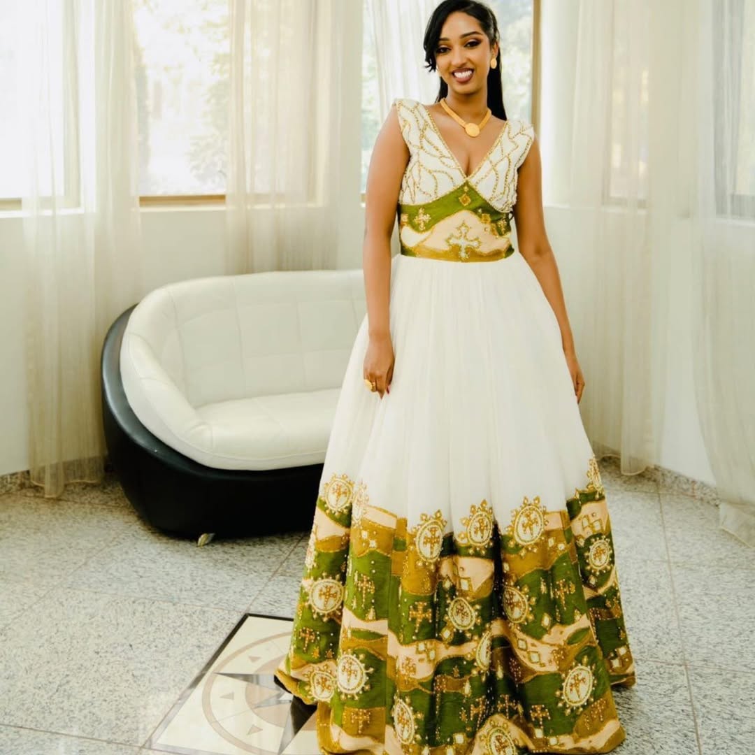 Luxurious Green and Golden Ethiopian Dress