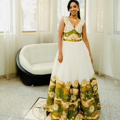 Luxurious Green and Golden Ethiopian Dress