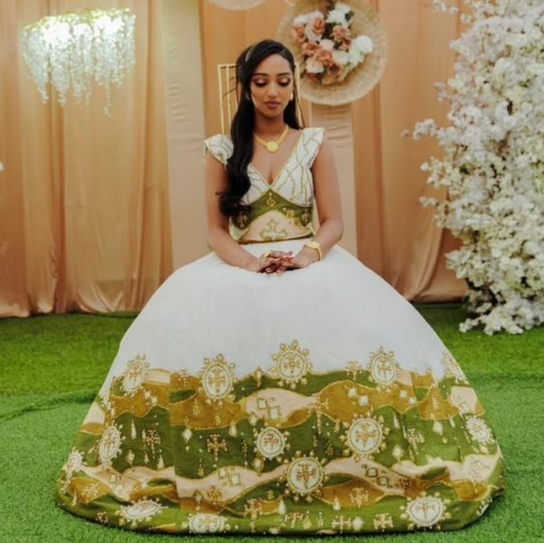 Luxurious Green and Golden Ethiopian Dress: Short Sleeved Contemporary Traditional Design Habesha Dress Wedding Eritrean Cloth