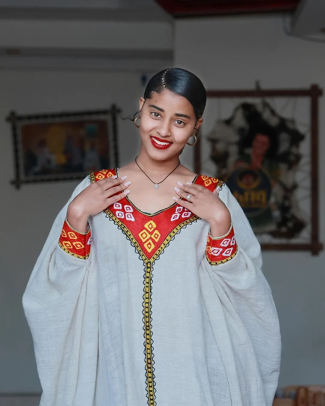 Simple Red Habesha Dress with Eritrean Detail: Traditional Elegance, Embroidered Accents
