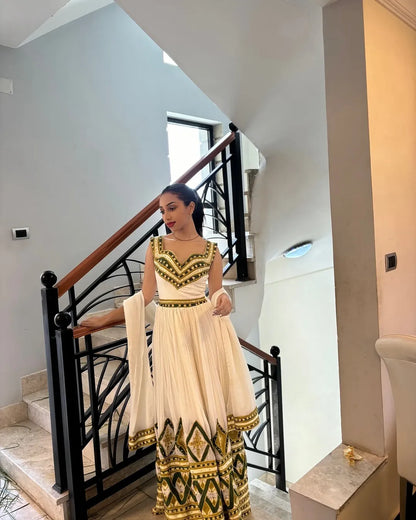 Enchanting Golden Traditional Ethiopian Clothing: with Cross Details Ethiopian Wedding Dress Stunning Habesha Wedding Dress