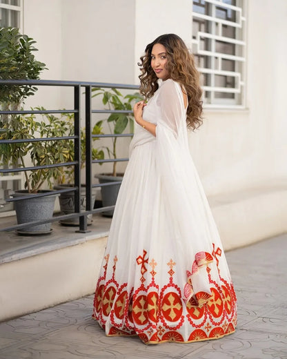 Delightful Red Habesha Dress: Golden Accented Wide Hemline, Traditional Style