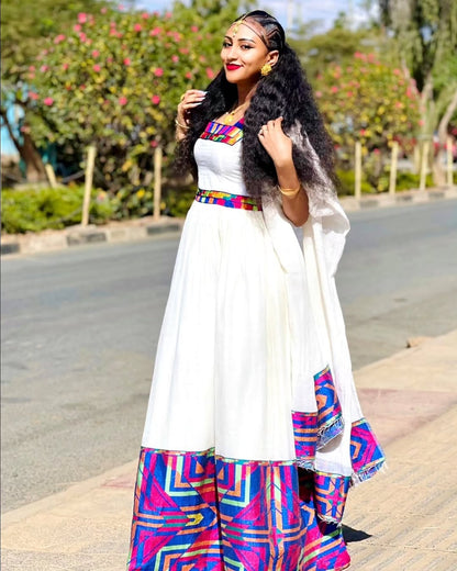 Artistic Multicolored Habesha Kemis contemporary Ethiopian traditional wear