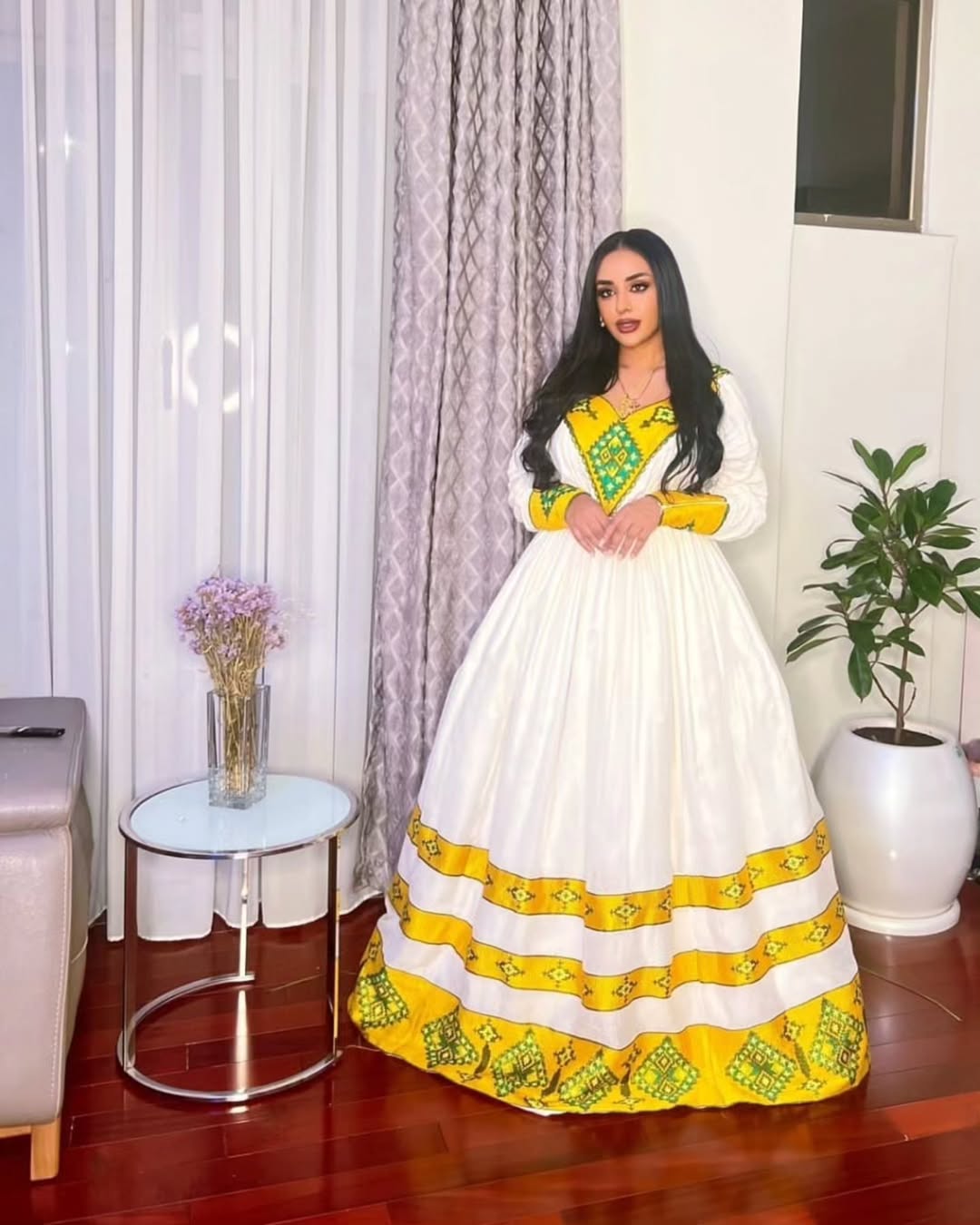 Elegant Habesha Kemis Modern Habesha Design Featuring Yellow Accents
