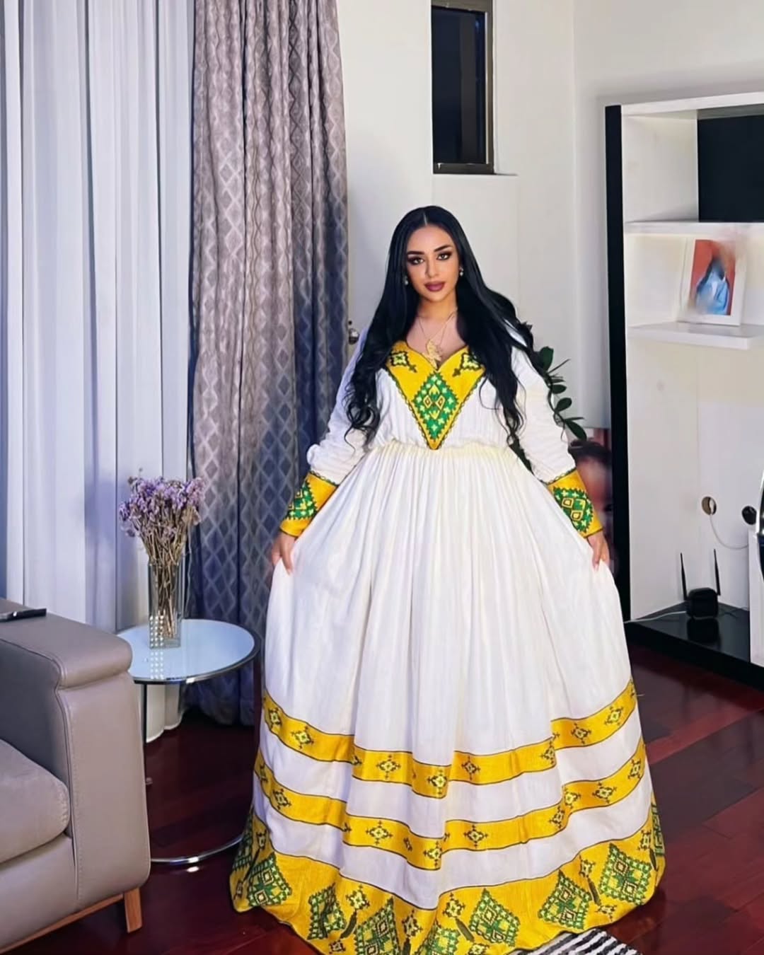 Elegant Habesha Kemis Modern Habesha Design Featuring Yellow Accents