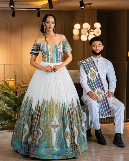 Modern Off-Shoulder Habesha Wedding Dress with Artistic Detailing