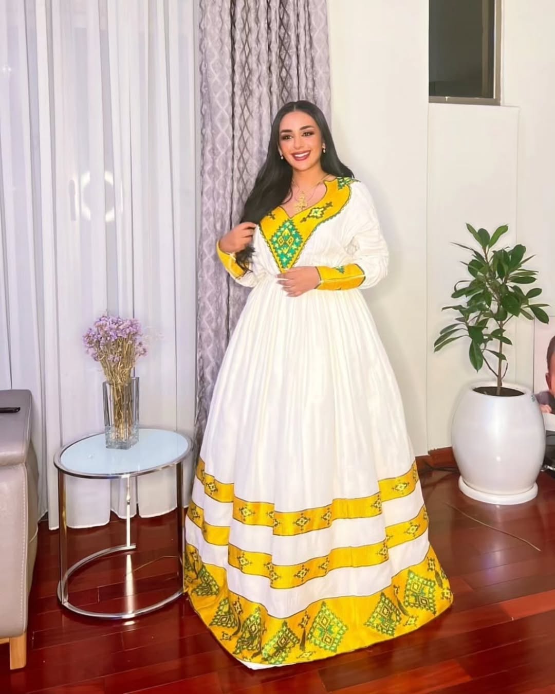 Elegant Habesha Kemis Modern Habesha Design Featuring Yellow Accents