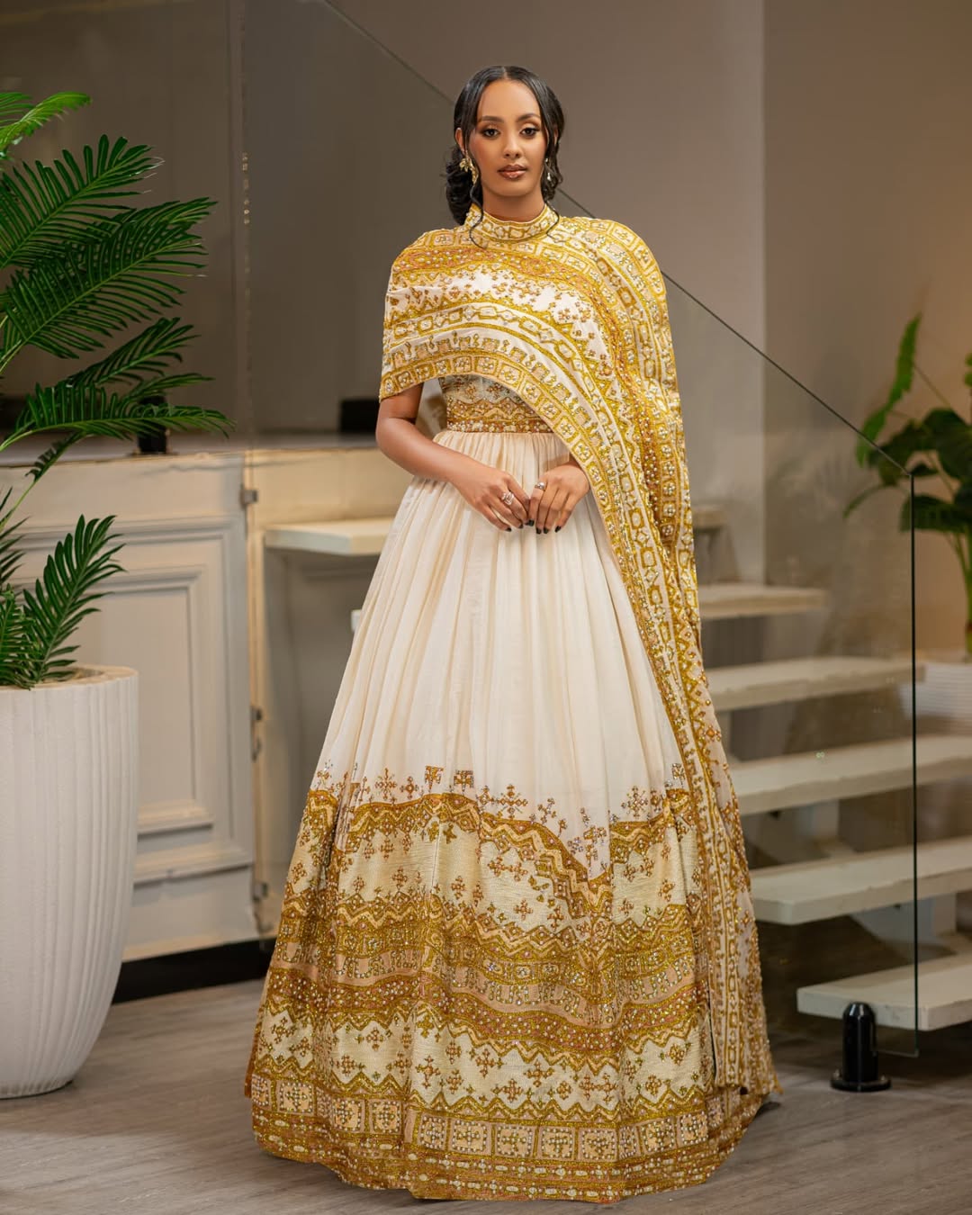 Elegant Golden Habesha Wedding Dress Contemporary Eritrean Attire Design 