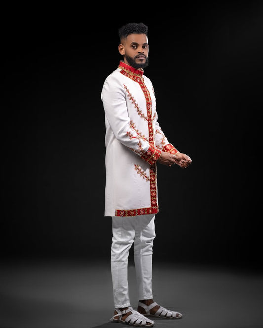 Gorgeous White Habesha Men's Set – Red & Gold Embroidered Shirt, Pants & Shoes 
