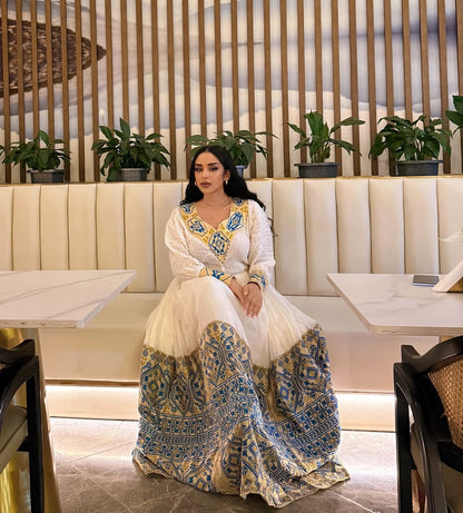 Stunning White Ethiopian Dress Adorned with Blue & Gold Motifs – Habesha Kemis