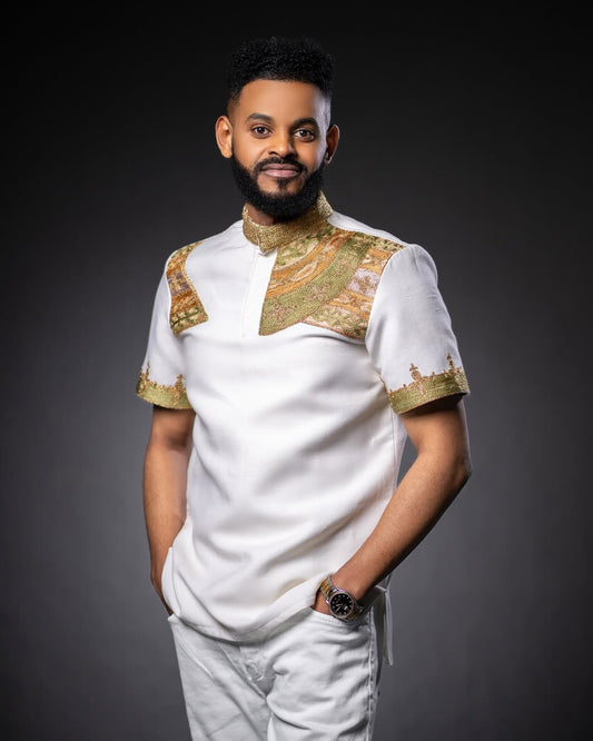 Elegant Ethiopian Men's Shirt with Brown Accent Embroidery