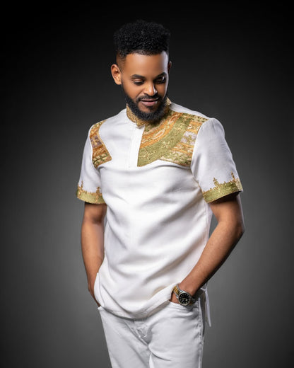 Elegant Ethiopian Men's Shirt with Brown Accent Embroidery