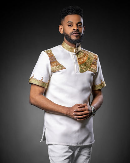 Elegant Ethiopian Men's Shirt with Brown Accent Embroidery