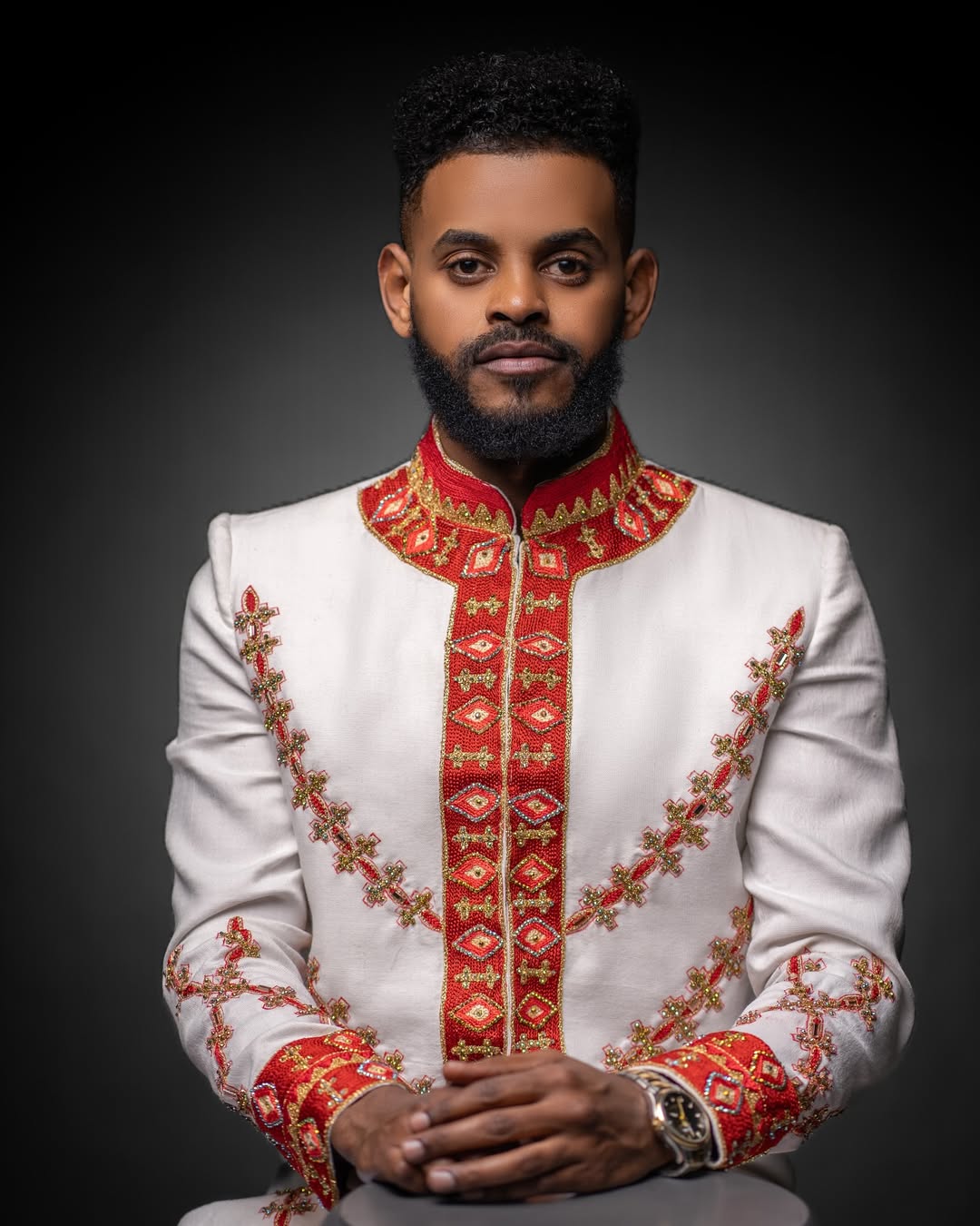 Gorgeous White Habesha Men's Set – Red & Gold Embroidered Shirt, Pants & Shoes