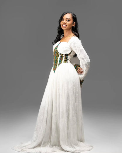 Vibrant White Habesha Kemis with Colorful Embroidery - Ethiopian Traditional Clothing 