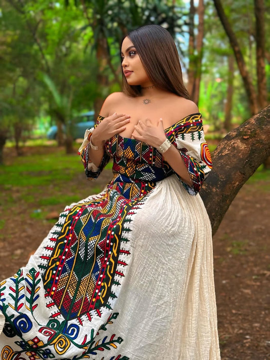 Vibrant Multi-Color Eritrean Zuira Dress Elegant Habesha Kemis