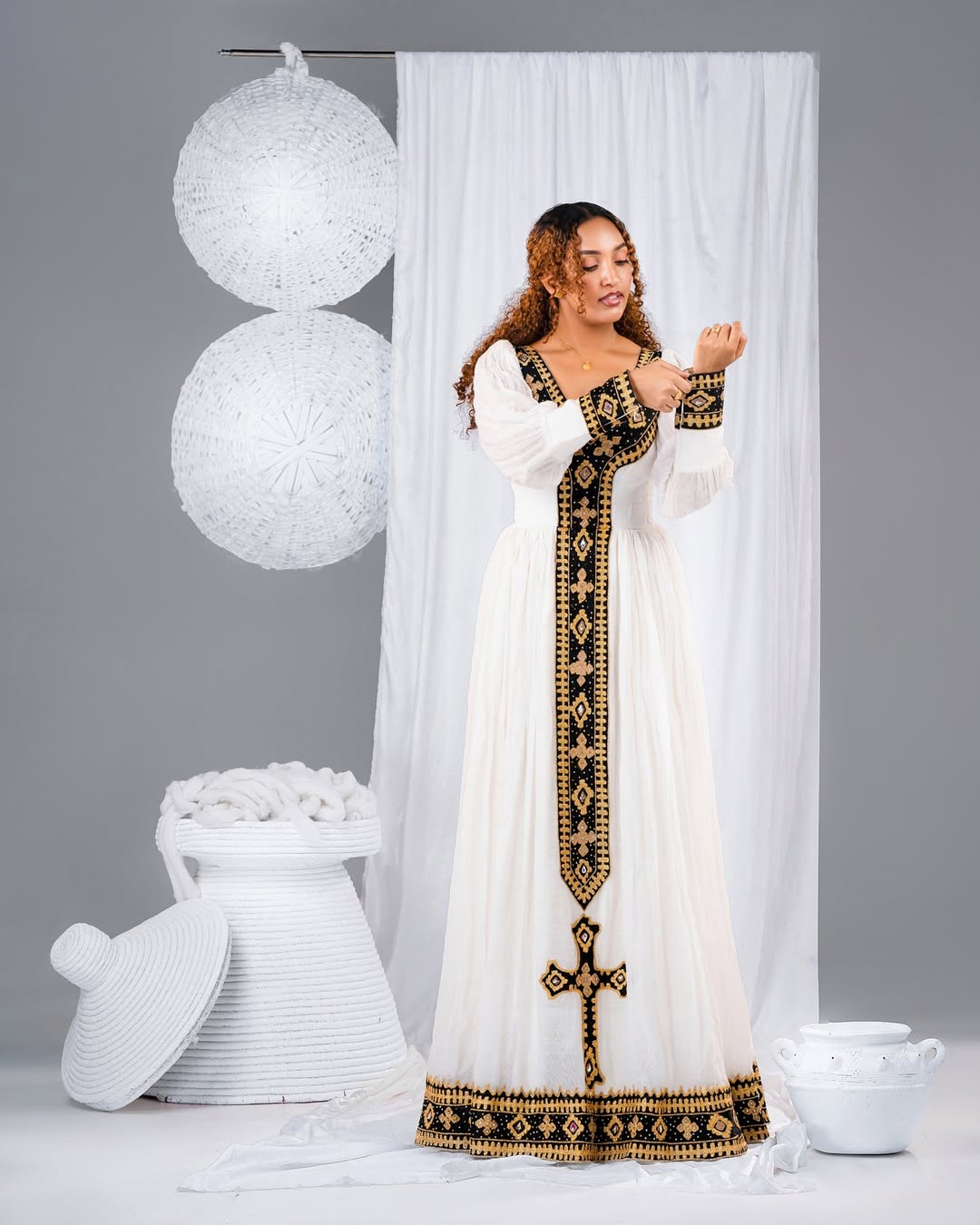 Elegant Habesha Kemis with Black & Gold Cross Embroidery – Ethiopian Traditional Dress