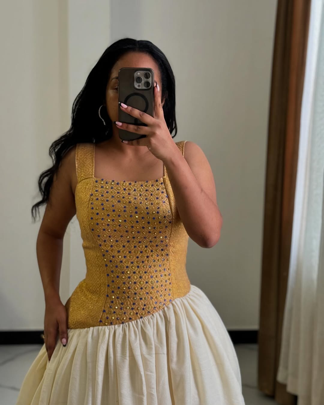Vibrant Golden Habesha Dress with Intricate Patterns – Modern Habesha Kemise