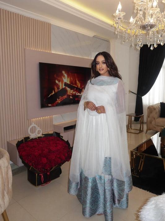 Simple White Habesha Kemis with Blue Accent – Modern Ethiopian Dress