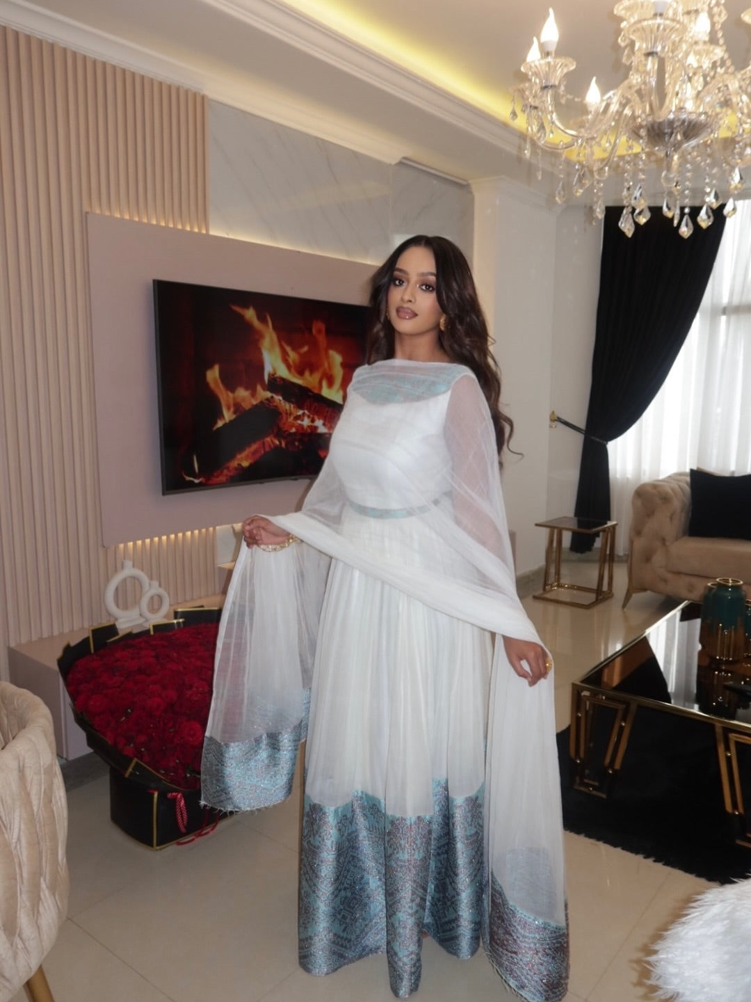 Simple White Habesha Kemis with Blue Accent – Modern Ethiopian Dress