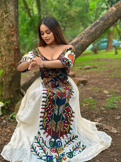 Vibrant Multi-Color Eritrean Zuira Dress Elegant Habesha Kemis