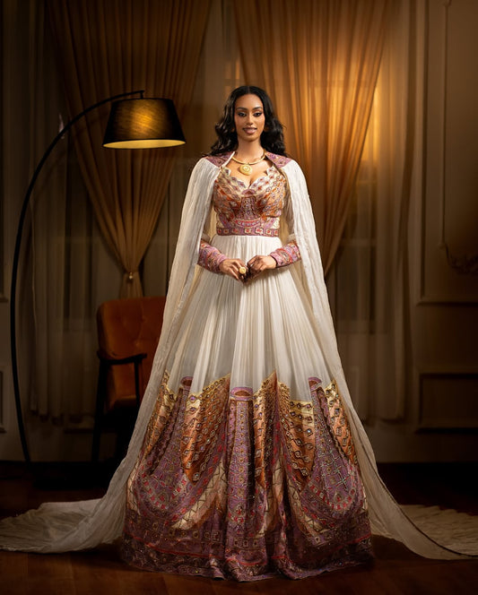 Luxurious Habesha Wedding Dress with Multi-color Embroidery and Cape - Ethiopian Traditional Attire