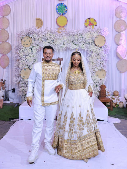Regal Ethiopian Couple's Outfits with Gold Embroidery – Traditional Bridal Wear