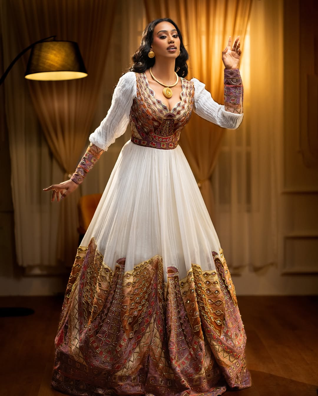 Luxurious Habesha Wedding Dress with Multi-color Embroidery and Cape - Ethiopian Traditional Attire