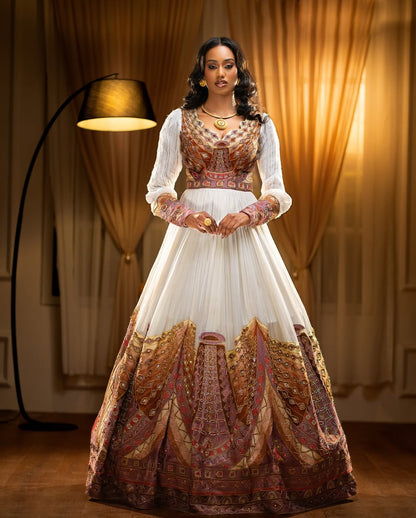Luxurious Habesha Wedding Dress with Multi-color Embroidery and Cape - Ethiopian Traditional Attire