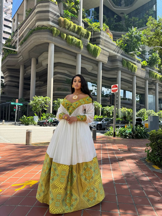 Modern Off-Shoulder Habesha Dress with Gold & Green Pattern - Traditional Ethiopian Dress