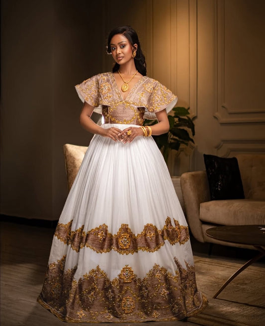 Regal White Habesha Wedding Dress with Gold & Bronze Embroidery – Ethiopian Bridal Dress