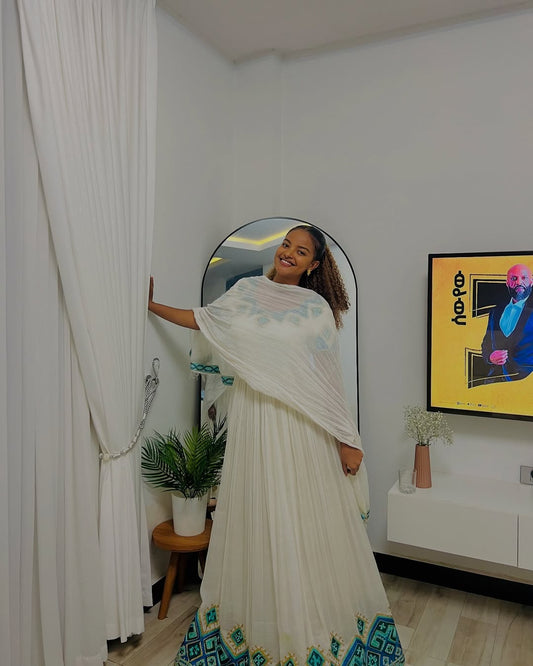 Gorgeous Habesha Kemis with Aqua Blue Embroidery – Ethiopian Traditional Clothing – Habesha Dress
