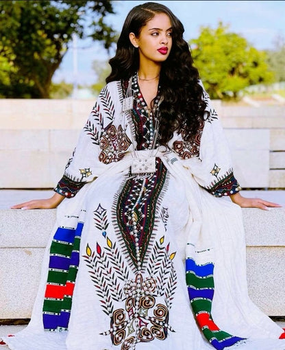 Gojam Cultural Habesha Dress With Dazzling Silver / Rhinestone Artwork Darker Tilet Habesha Kemis Traditional Ethiopian dress Style