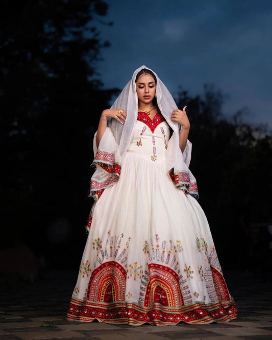 Elegant Habesha Dress with Vibrant Red and Gold Embroidery for Weddings
