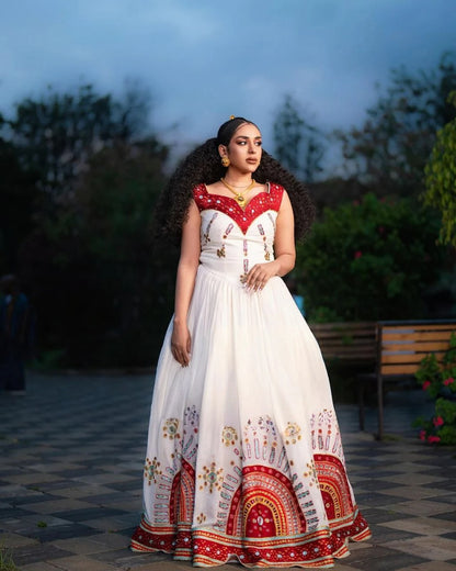 Elegant Habesha Dress with Vibrant Red and Gold Embroidery for Weddings