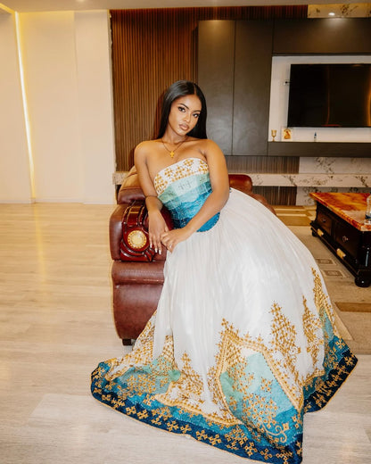 Blue and Gold Ethiopian Wedding Dress Elegant Habesha Kemis Off-Shoulder Habesha Wedding Dress 0009