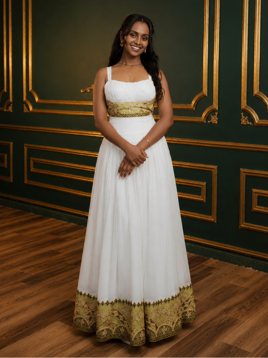 Stylish Sleeveless Habesha Kemis Green Embroidery Traditional Ethiopian Dress
