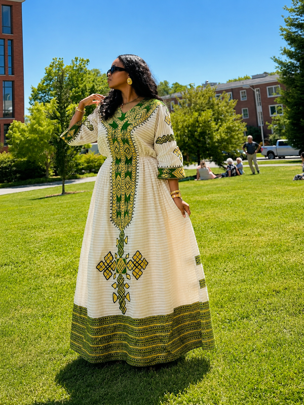 Bohemian Maxi Kaftan with Rich Moss Green Diamond Ethiopian Clothing  Striped Accent Habesha Dress 951