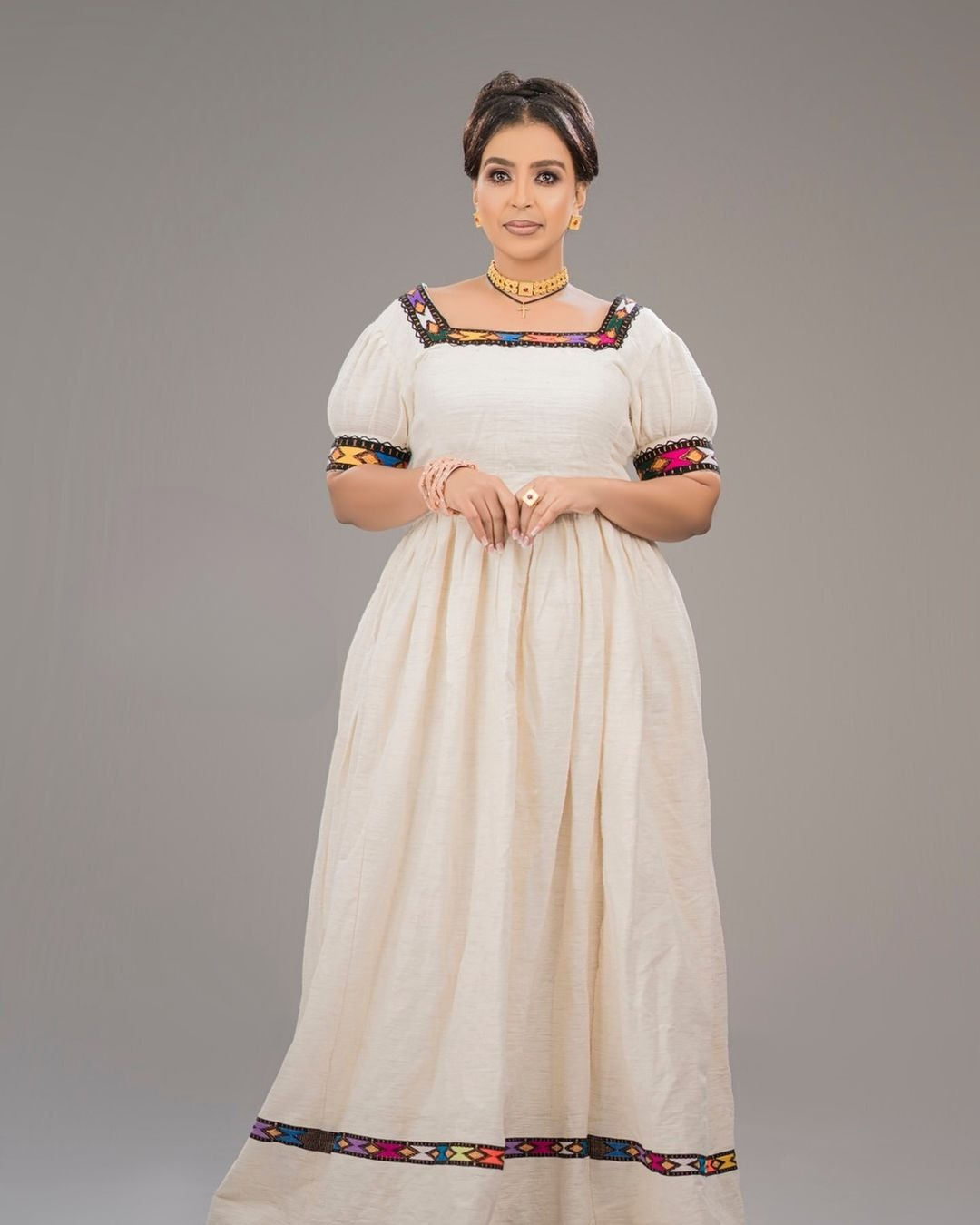 Gracious Creamy Habesha Dress: with Handmade Complex Embroidery Traditional Ethiopian Dress